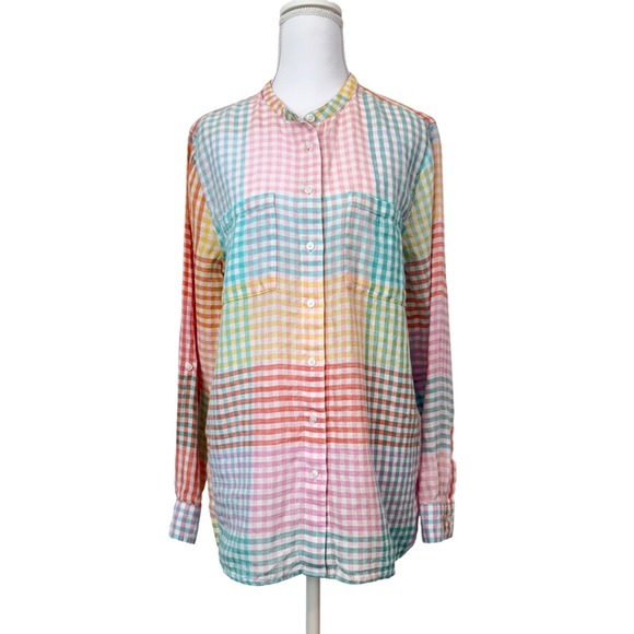 Lands' End Tops - Lands End Women's Rainbow Plaid Linen Roll Tab Button Up Top M Beachy Lagenlook